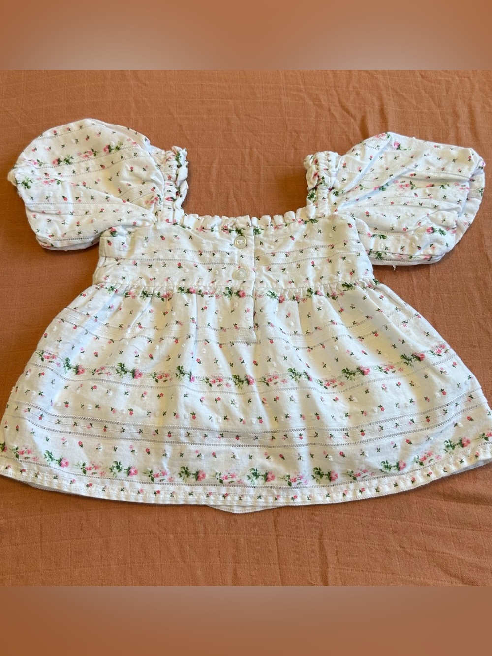 Janie and Jack White Floral Puff-Sleeve Blouse with Pink & Green Accents. 12-18M
